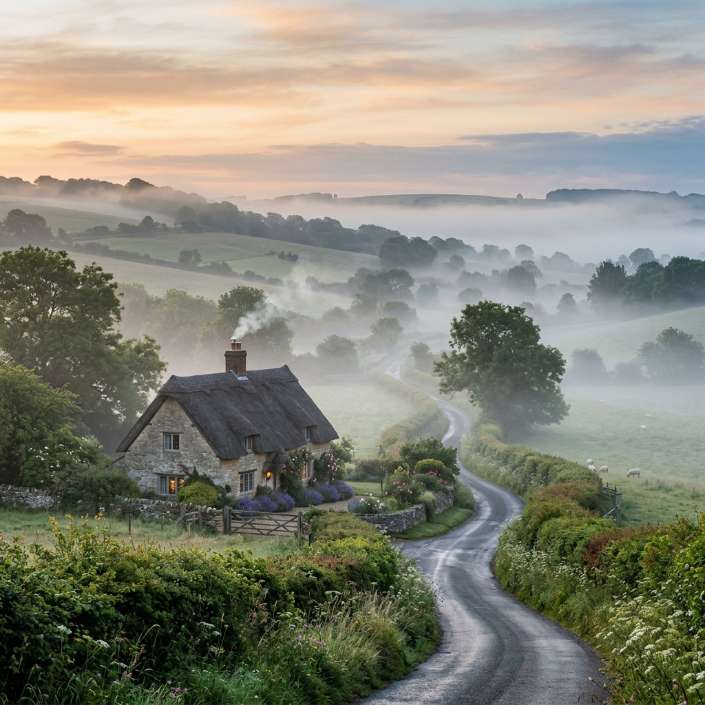 Thatched stone cottage with smoke from chimney near winding country road in morning mist