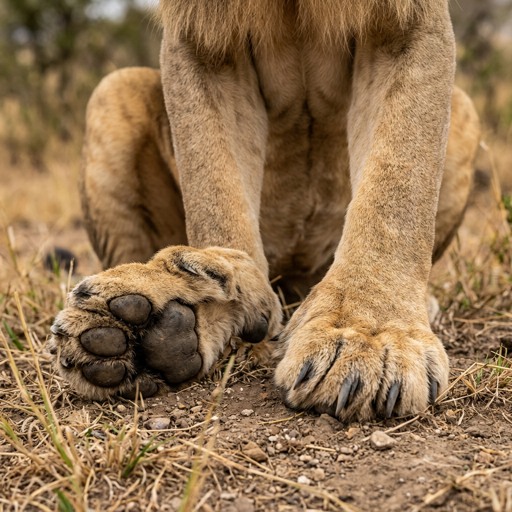 Close-up of a lion's front paws on dry soil with claws visible